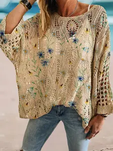 Spring Summer Round Neck Hollow Out Batwing Sleeve Women Top Blouse, Floral Print Bohemian Style, Beach Vacation Casual Layered Hoodie