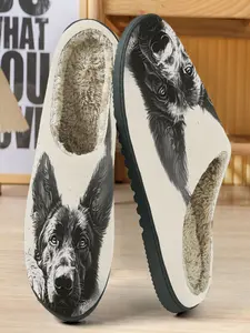 Realistic German Shepherd Cotton Slippers, Light Base Color, Realistic Painting, Soft Plush Lining, Casual Home Wear