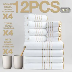 Luxury Border Bath Towel Set with Gold Accents, Premium Ultra Soft Absorbent Decorative Bathroom Accessories, Elegant Modern Design Ideal for Home & Travel Use
