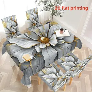5pcs/7pcs Tablecloth and Chair Cover Set, Chair Tablecloth Covers, Gray & Gold Floral Printed, Stretch Chair Slipcover Combination for Dining Table Decoration, Suitable for Restaurant / Kitchen / Banquet, 2D Flat Printing