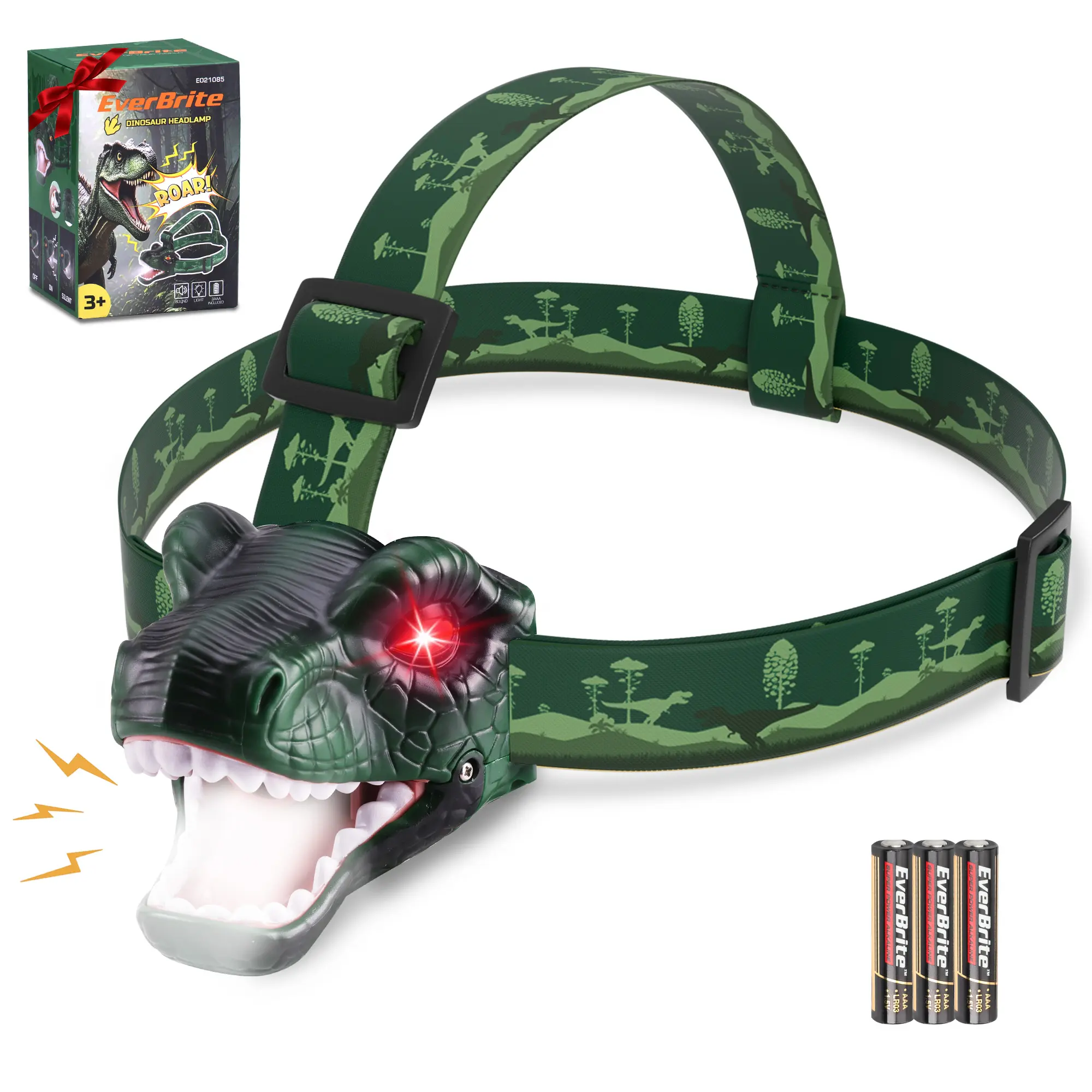 #summersale EverBrite Dinosaur Kids Headlamp, T-Rex LED Head Lamp with Roar & Silent Mode, Fun Head Flashlight Toy for Camping, Halloween, Birthday, Christmas, Batteries Included