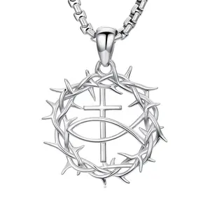 MEIDERBO Dream Chaser Crown of Thorns Necklace for Men 925 Sterling Silver Oxidized Cross Pendant Stainless Steel Chain 22+2 Inch Adjustable Christian Jewelry