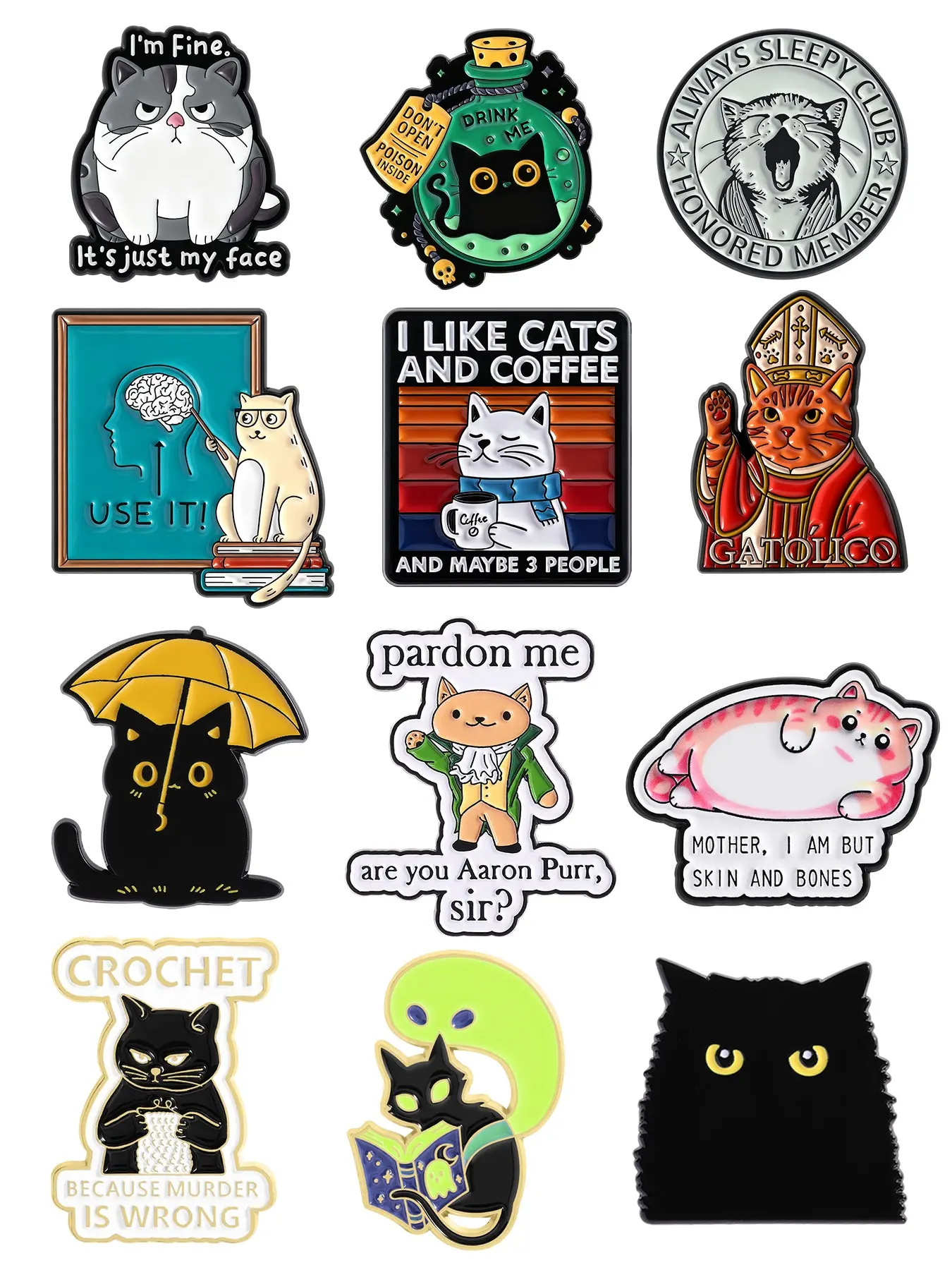 12-Piece Cute Cat Enamel Pin Set, Drop Set Pins, Collectible Pins, Whimsical Cat Designs for Cat Lovers and Collectors, Adorable Animal-Themed Accessories, Decorative Badge, Badge Decoration