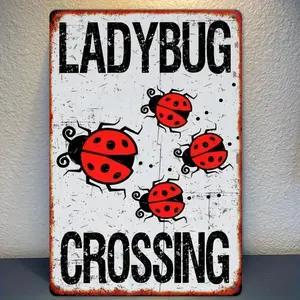 2D Flat, 1pc Vintage Ladybug Crossing Metal Tin Sign Wall Art - 8x12 Inch Rustic Iron Plaque with Distressed Red & Black Design, Pre-Drilled Holes for Home, Garden, or Outdoor Decor, 2D Flat