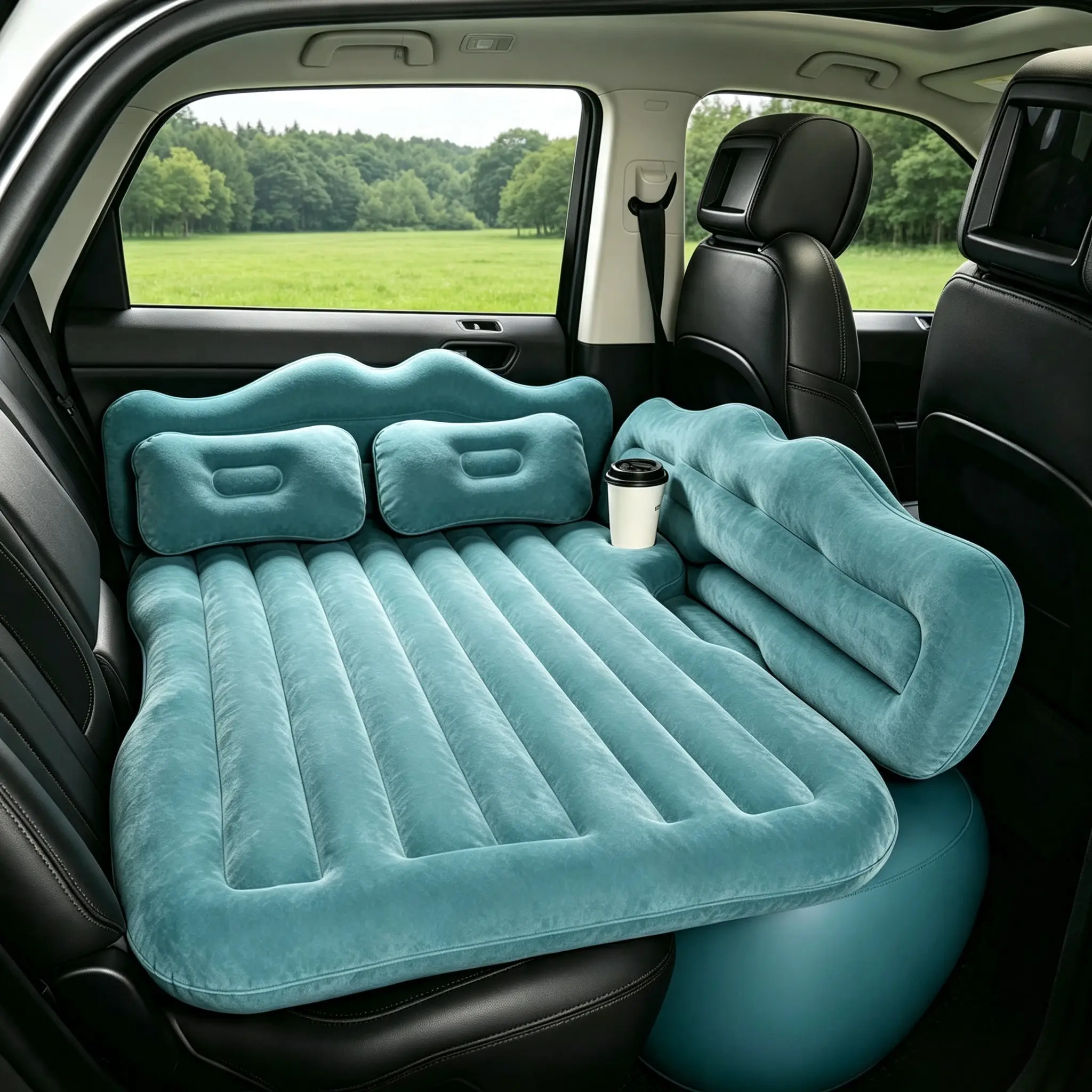 Car-mounted self-driving inflatable air mattress, velvet thickened leak-proof design, comes with cup holder and 2 inflatable pillows, suitable for car, SUV, and MPV, outdoor camping and long-distance travel nap mattress, includes an air pump