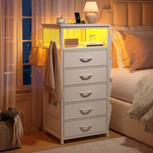 Night Stand Set 2 with Charging Station, Tall Nightstand with 5 Dresser Drawers, LED Nightstands with USB Ports & Outlets, Nightstand with Hooks, Night Stands with Storage Shelf, Bedroom