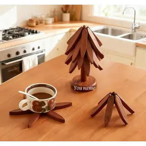 Modern Simple Leaf Design Insulation Tree Plate Mat, Wooden Heat Resistant Table Pad, Christmas Tree Pot Cup Holder, Home Use Durable Utensil Mat