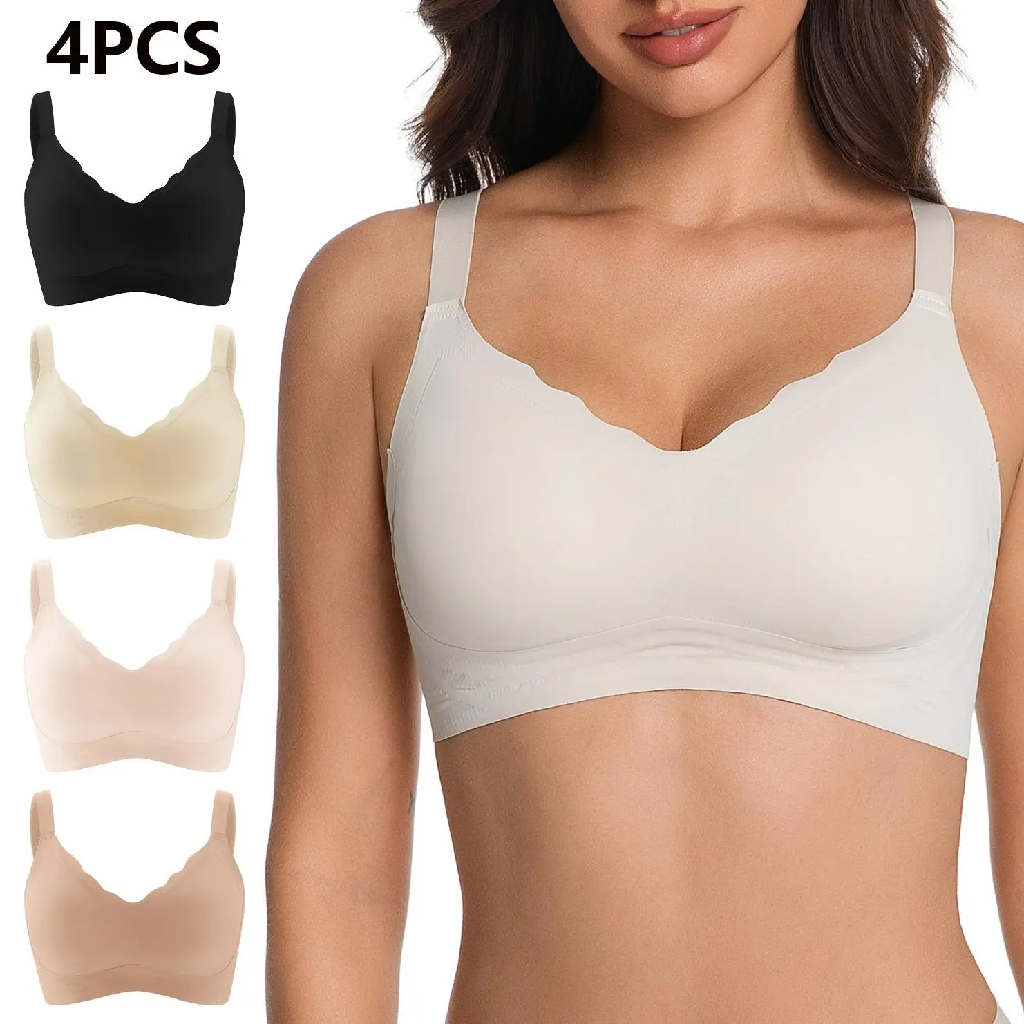 QETLAN Women's 4-Pack Wireless Soft Jelly Bralettes - Seamless Padded Tshirt Bras with Padded Support, Boxed Set Everyday Bras for Smooth Comfortable Fit, Hand Wash Only (Basic Yoga Workout Use), Wireless Soft Bralette, Xxl, Non Wire Bra, Soft Fabric Bra