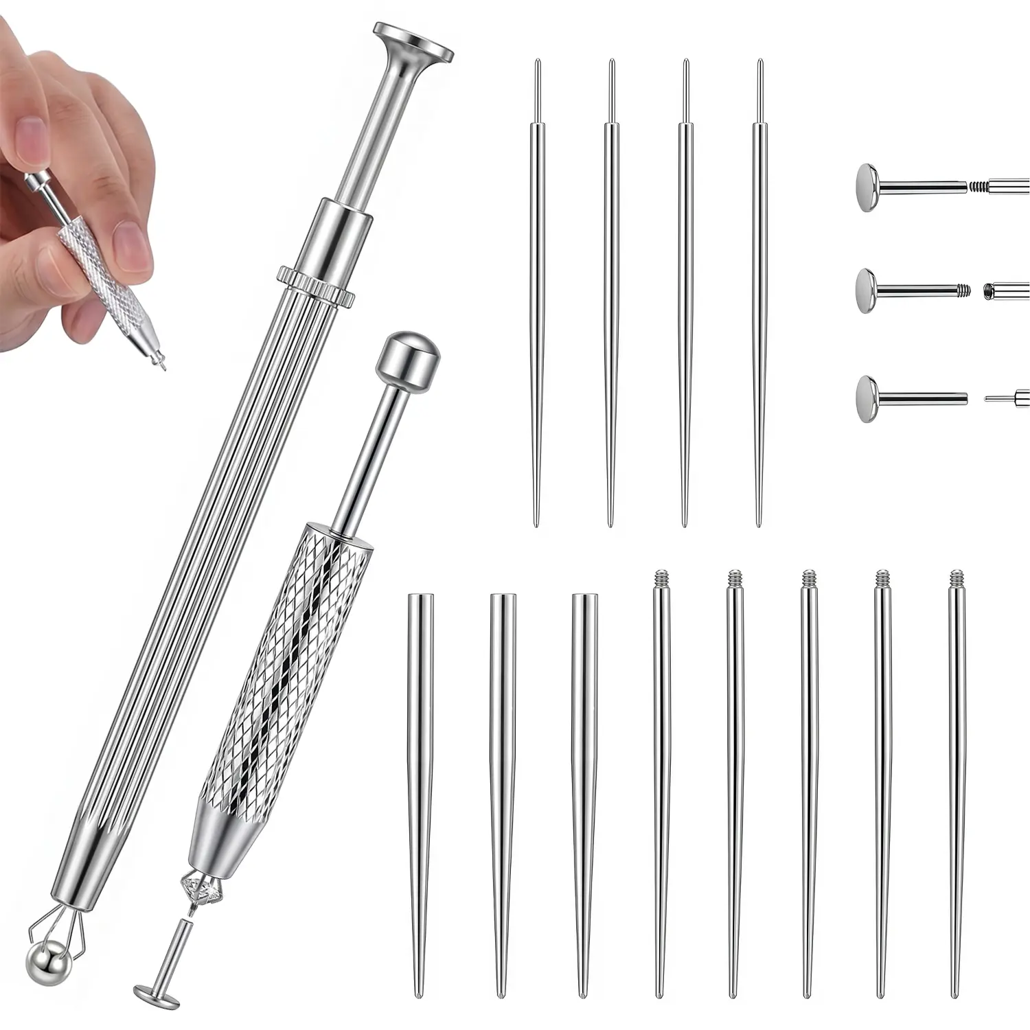 Stainless Steel Piercing Tool Set for 18PCS & 20PCS, Taper Ball Grabber, Flat Back Earrings Applicator, Threadless Insertion Pin for Ear Nose Lip Jewelry Changing