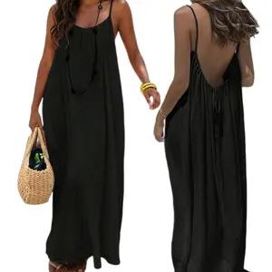 Women's Solid Color Cami Lounge Dress, 2026 Elegant Sleeveless Long Dress for Summer, Loungewear Pajama Ladies Sleepwear for Indoor Wear SpringStatements