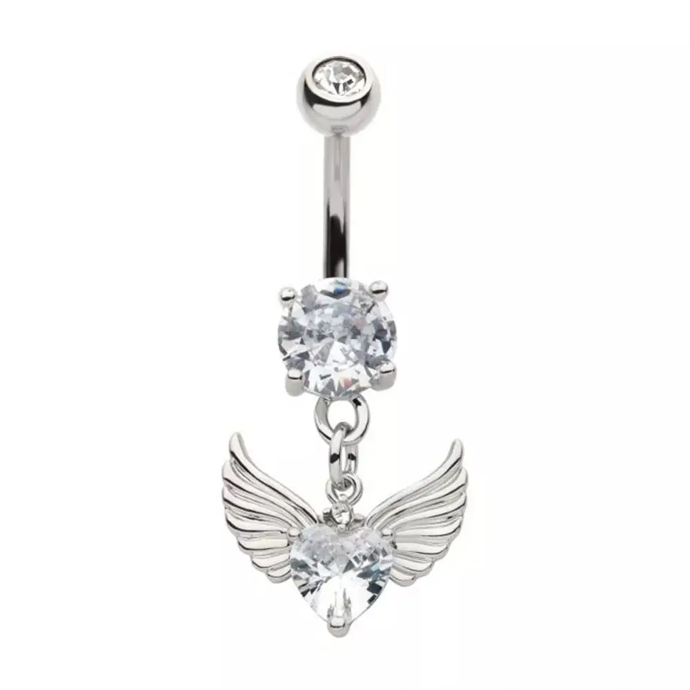 CZ Crystal Heart with Angel Wings Dangling Belly Button Ring - 316L Stainless Steel