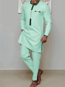 two-piece set men's striped print long sleeve top & elastic waist pants, going out outfit, regular fit casual split hem crewneck top & drawstring waist trousers for spring & fall, men's clothes for daily wear, menswear, summer clothing set