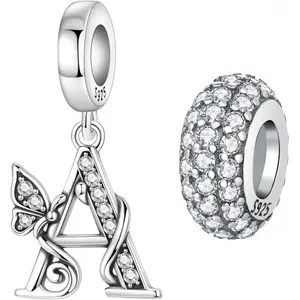 2 Pack 925 Sterling Silver Butterfly Letter Charms for Bracelets and Necklace Alphabet Dangle Pendants Round Spacer Beads Pave Cubic Zirconia Jewelry Gift for Women