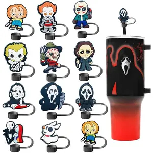 12PCS Halloween Straw Toppers for Stanley Cup 30/40oz, Silicone Horror Ghostface Straw Covers, Dust-Proof Reusable Straw Tips, Scary Tumbler Accessories, Cute Decorative Straw Caps for Halloween Party Gifts, cup accessories, home decor