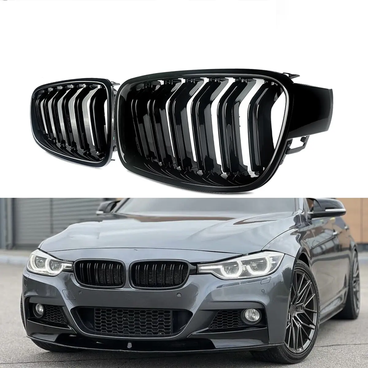Painted Gloss Black Double Slat Kidney Grill Set (1 Pair) - Vehicle-Specific for BMW 3 Series F30 F31 F35 320i 325i 328i (2011-2018), Lightweight Durable Car Exterior Decoration Accessory for Aesthetic Upgrade & Better Driving Experience