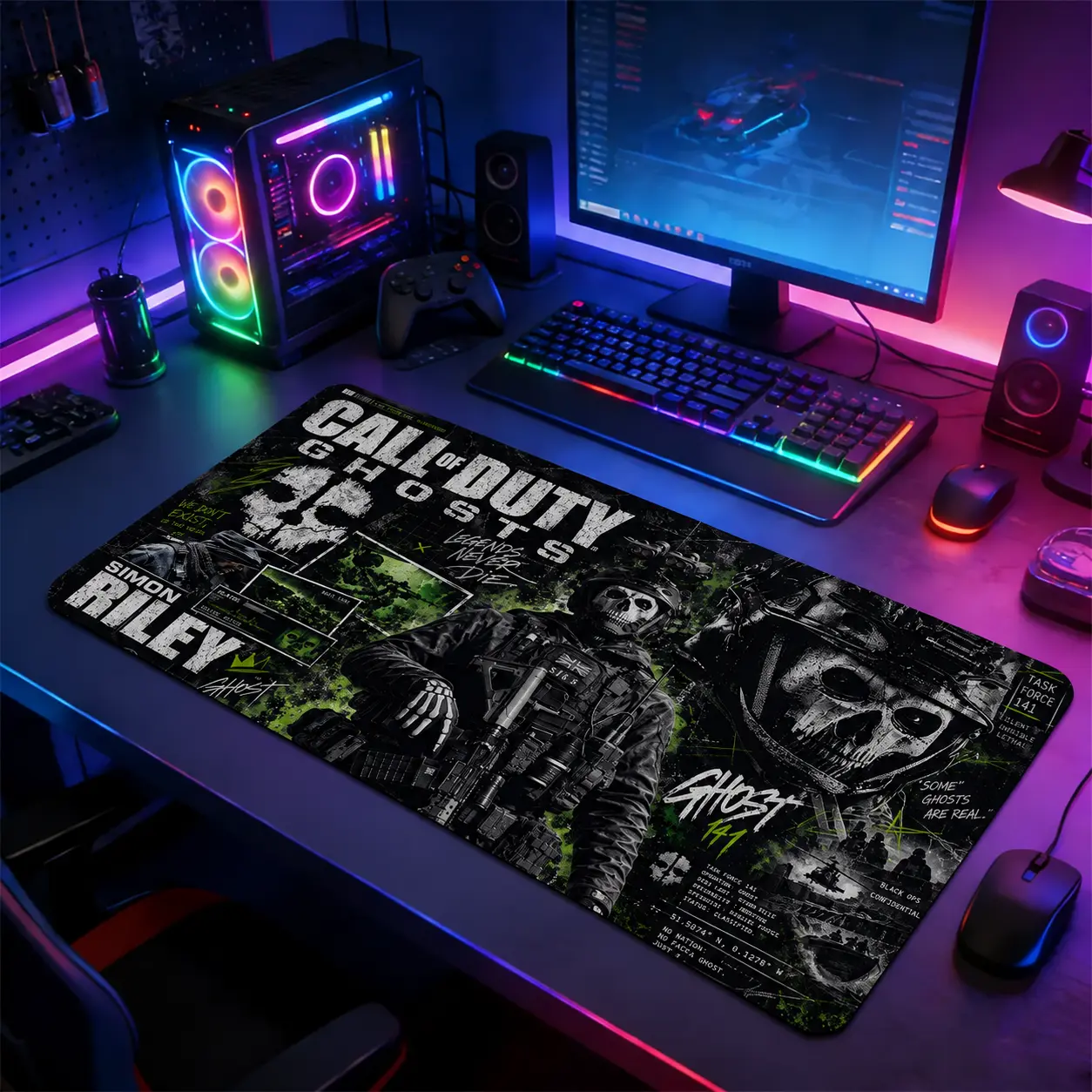 Call of Duty Ghost Simon Riley Large Desk Pad, 15.7x31.5 Inch Extended Gaming Mouse Pad, Task Force 141 Green and Black Design, Non-Slip Rubber Base Stitched Edges Computer Table Mat, FPS Gamer Fan Gift