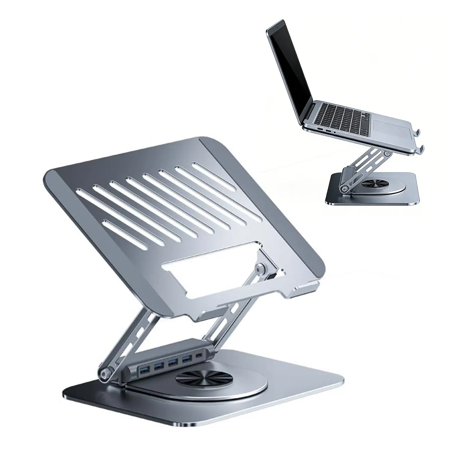 Aluminum Desktop Laptop Holder, 2-in-1 Ergonomic Stand with Magnetic Detachable Docking Station & 5-Port USB Hub, Adjustable Standing Trays for Desk Setup, Aluminum Laptop Stand