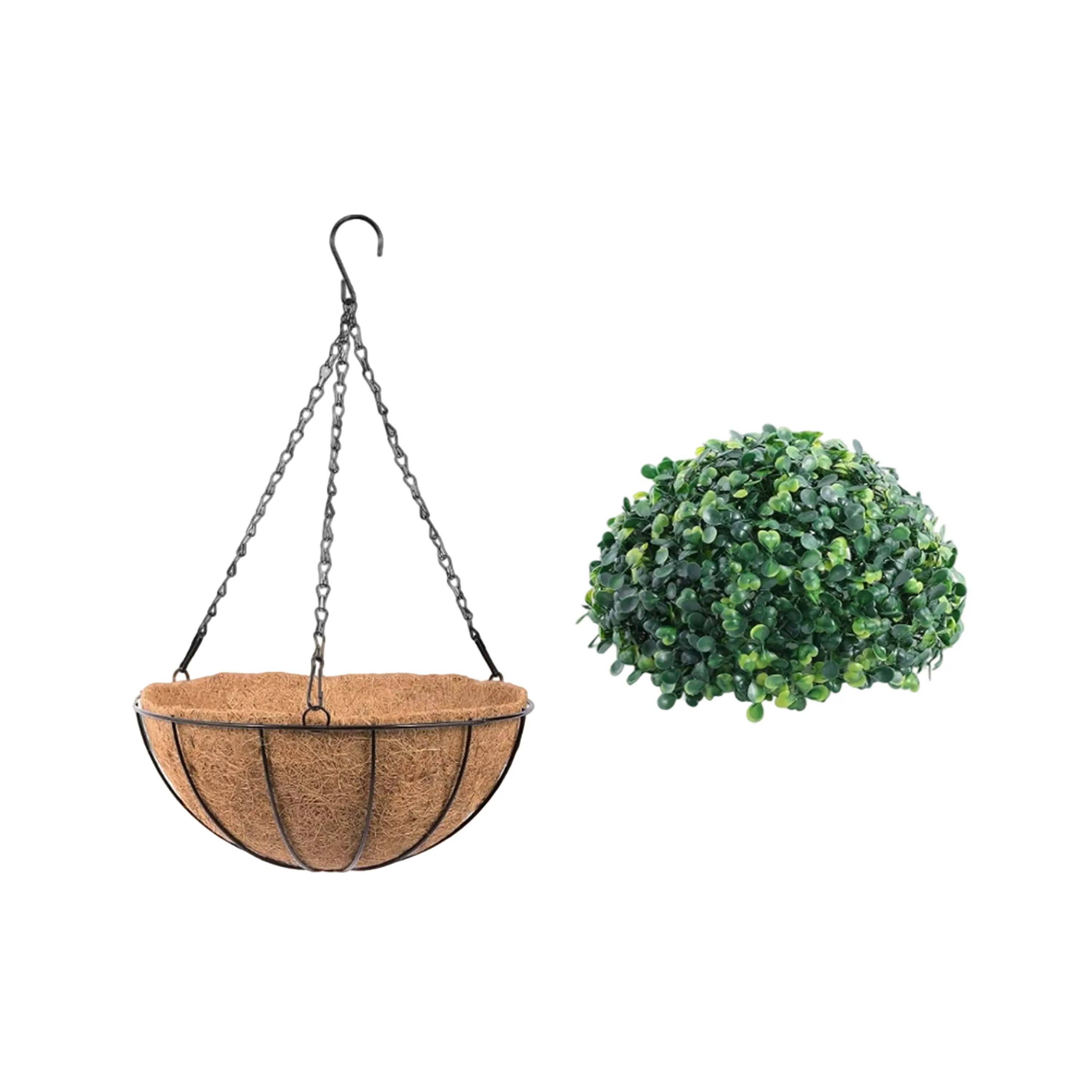 12-Inch Classic Coconut Coir Metal Hanging Planter Basket with Topiary Ball Set, Heavy Chain, Moisture Lock, for Outdoor/Indoor Porch Rail, Garden Decor