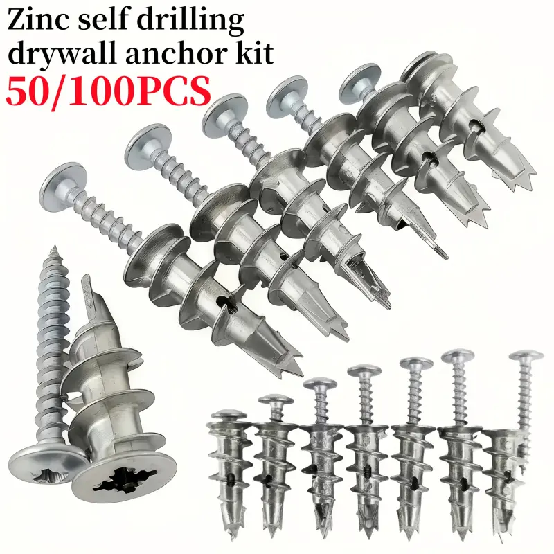 50/100pcs of zinc self drilling drywall expansion anchor, including drywall fixings and screw kit, perfect for fixing televisions, shelves, cabinets, and decorations with gypsum board, drywall fixings screws, Self Tapping Screws