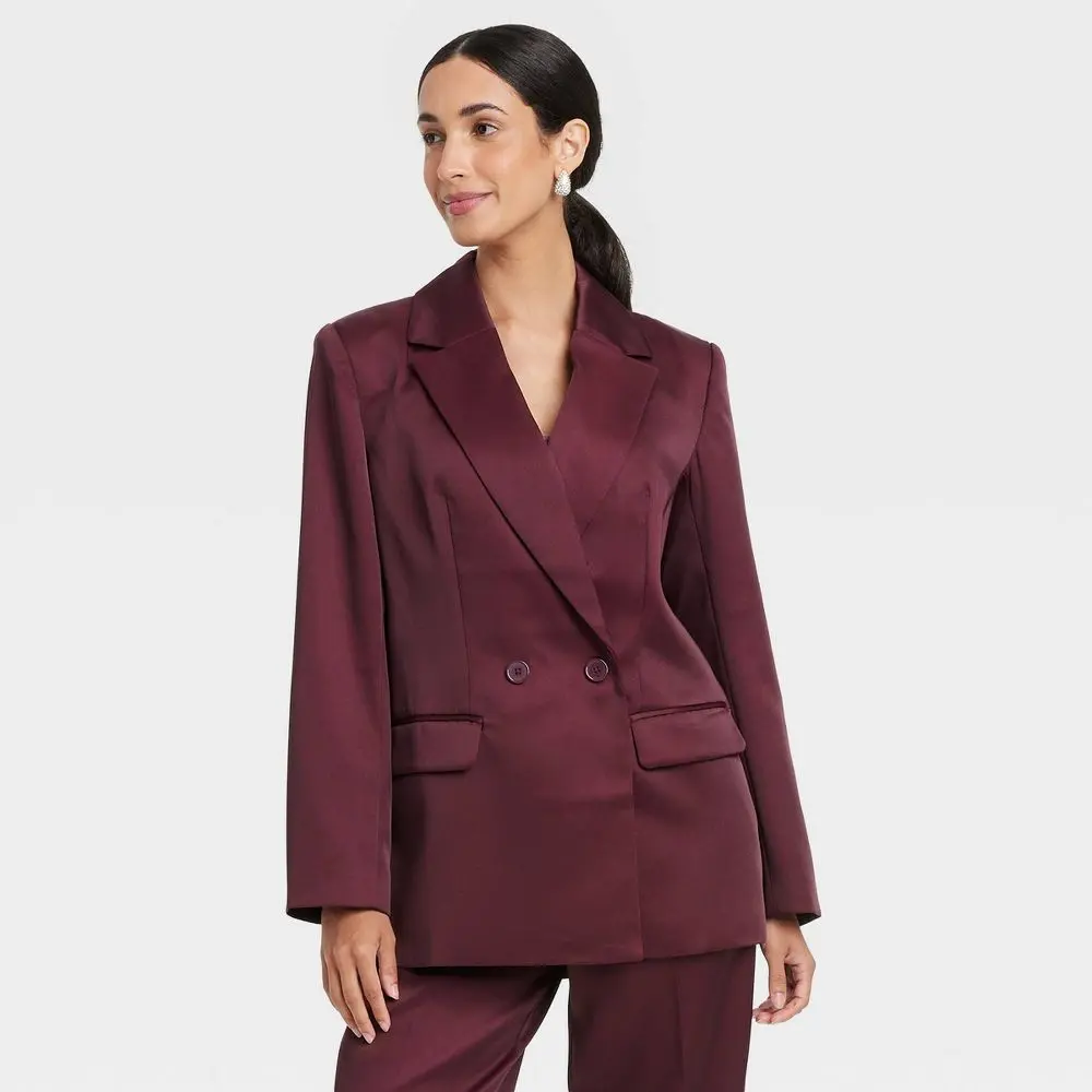 Women's Structured Satin Blazer - A New Day Burgundy XL
