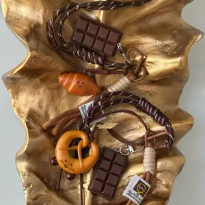 Croissant Pretzel Keychain with Chocolate Bar Charm and Braided Strap for Fashion Accessories Car Keychain Realistic Resin