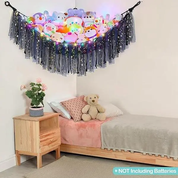 Crocheted Fabric Hanging Plush Storage Hammock - Pink Tassel Style Bohemian Wall Hanger, Home Organizer Decoration Item for Kid Room Playroom Organization, Creative Home Decor animal stuffed collapsible basket