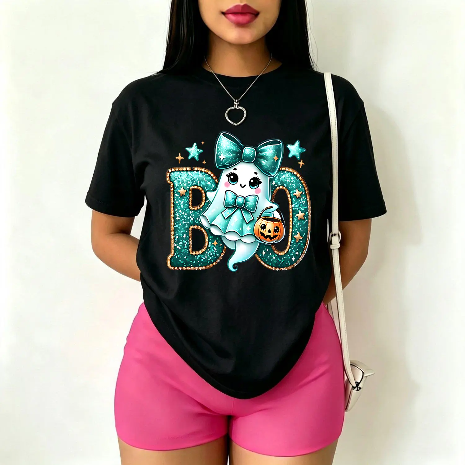 Women's Plus Size Short-Sleeve Round Neck Cotton Blend Casual Tee - Pumpkin Theme Cartoon Print, Soft Halloween BOO Party Costume Top, Black Seasonal Apparel (Gentle Machine Wash), Shortsleeve