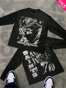 Men's Long Sleeve T-Shirt, Slim Fit, Fun Simple Pattern, Jesus Silhouette Shadow Graphic, Casual Daily Wear, Perfect Gift Choice, Menswear, Streetwear