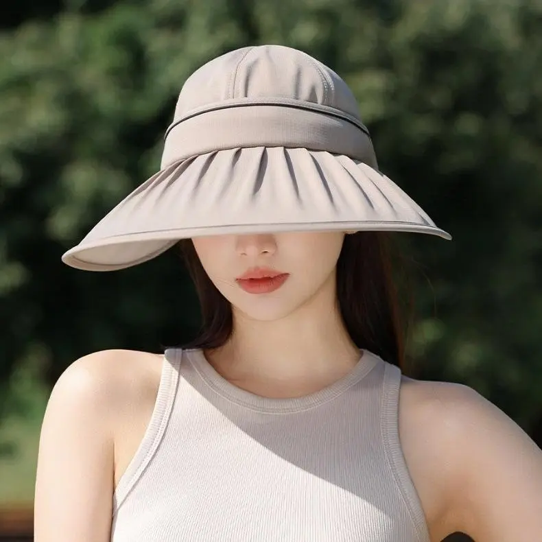 Full-shade dual-purpose zip-up open-top hat for women, ruched with enlarged brim, sun protection outdoor UV hat