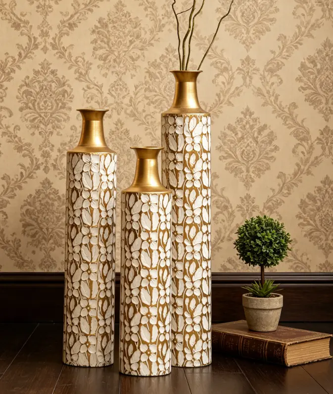 White + Gold + Metal Large Floor Vases (Set of 3) - Sturdy, Rust-Resistant, Scratch-Proof Glossy Decorative Vases for Living Rooms, Contemporary Minimalist Farmhouse Style, Interior Focal Piece with Lasting Shine, Elegant Home Decor Gift