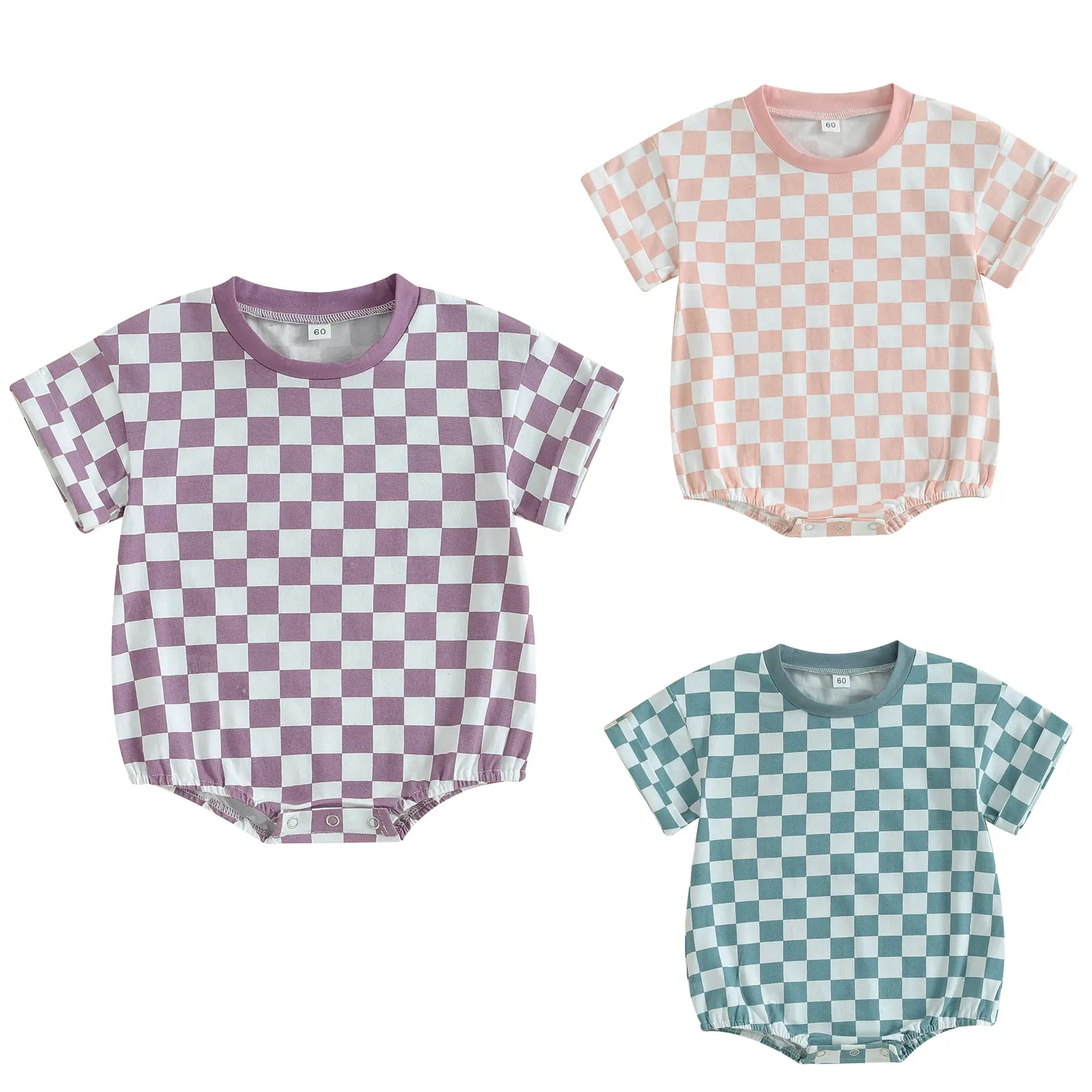 Newborn Baby Girl Checkered Print Short-Sleeve Bubble Romper, Oversized Infant Jumpsuit, Summer Newborn Outfits Bodysuit #Springtok