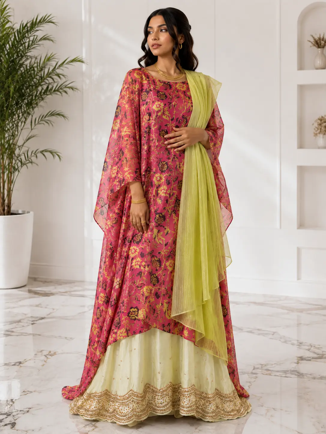 Luxury Fuchsia Pink, Dark Purple, Gold & Lime Green Somali Dirac 3-Piece Set with Embellished Gorgora