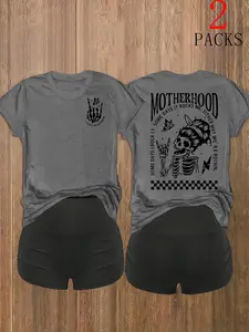 Y2K Women's Spring Summer Motherhood Theme 2-Piece Set, T-Shirt with Colorful Rock Gesture, High-Waisted Shorts