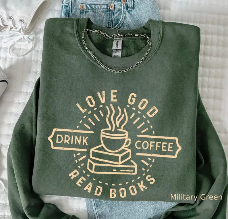 Love God Drink Coffee Read Books Sweatshirt, Vintage Christian Book Lover Sweater, Jesus Coffee Bookish Gift for Readers