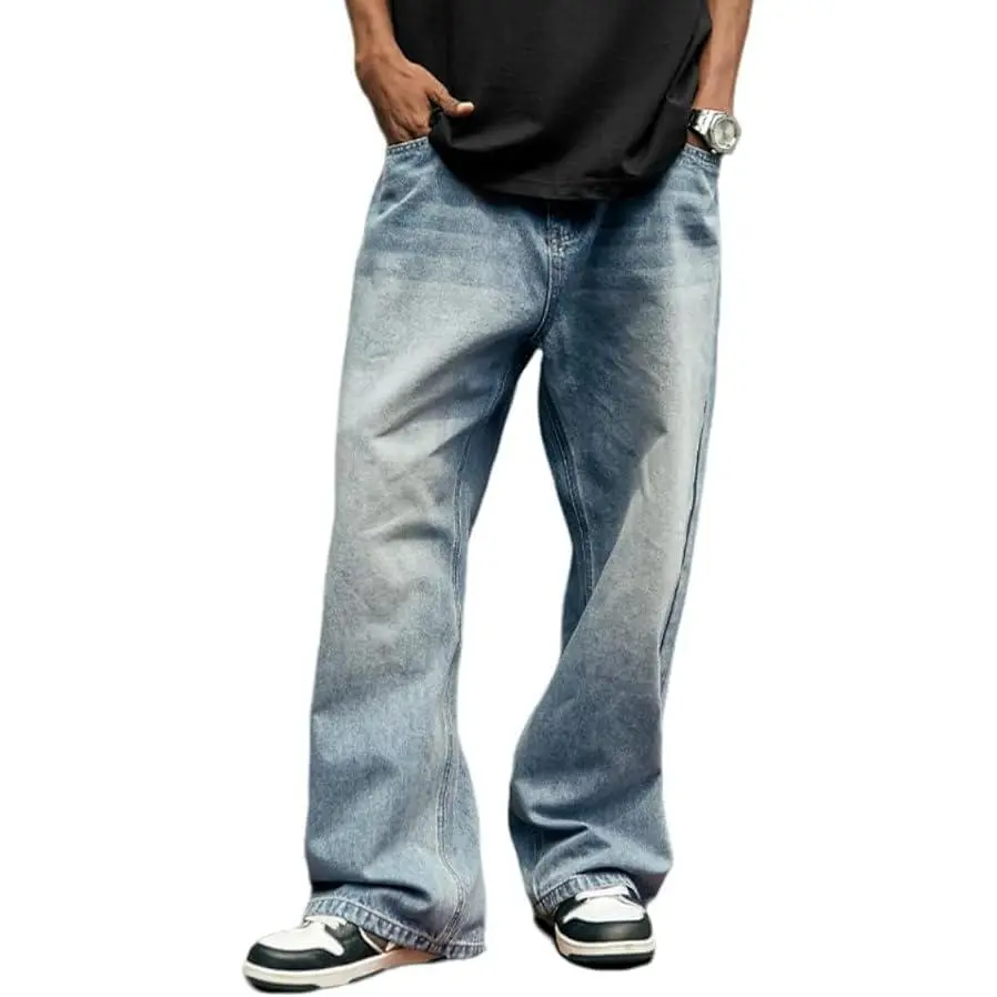 HUNGSON Men's Baggy Cotton Denim Jeans - Wide Leg, Relaxed Fit, Elastic Waist, Ankle Length, Y2k Skater, American Retro, Androgynous Vintage Plain Trousers - All Seasons Casual Streetwear Beige Menswear Bottoms, American Retro Men's Jeans Fashion Pocket