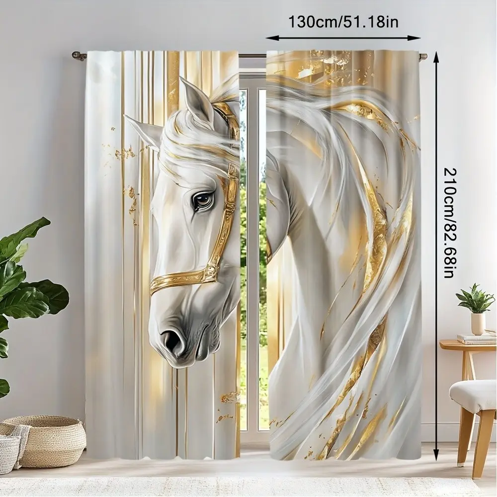 2pcs Galloping Horse Print Window Curtains, Curtain for Windows, Home Decoration Curtain, Elegant Sheer Polyester with Rod Pocket, Perfect for Living Room and Home Decor
