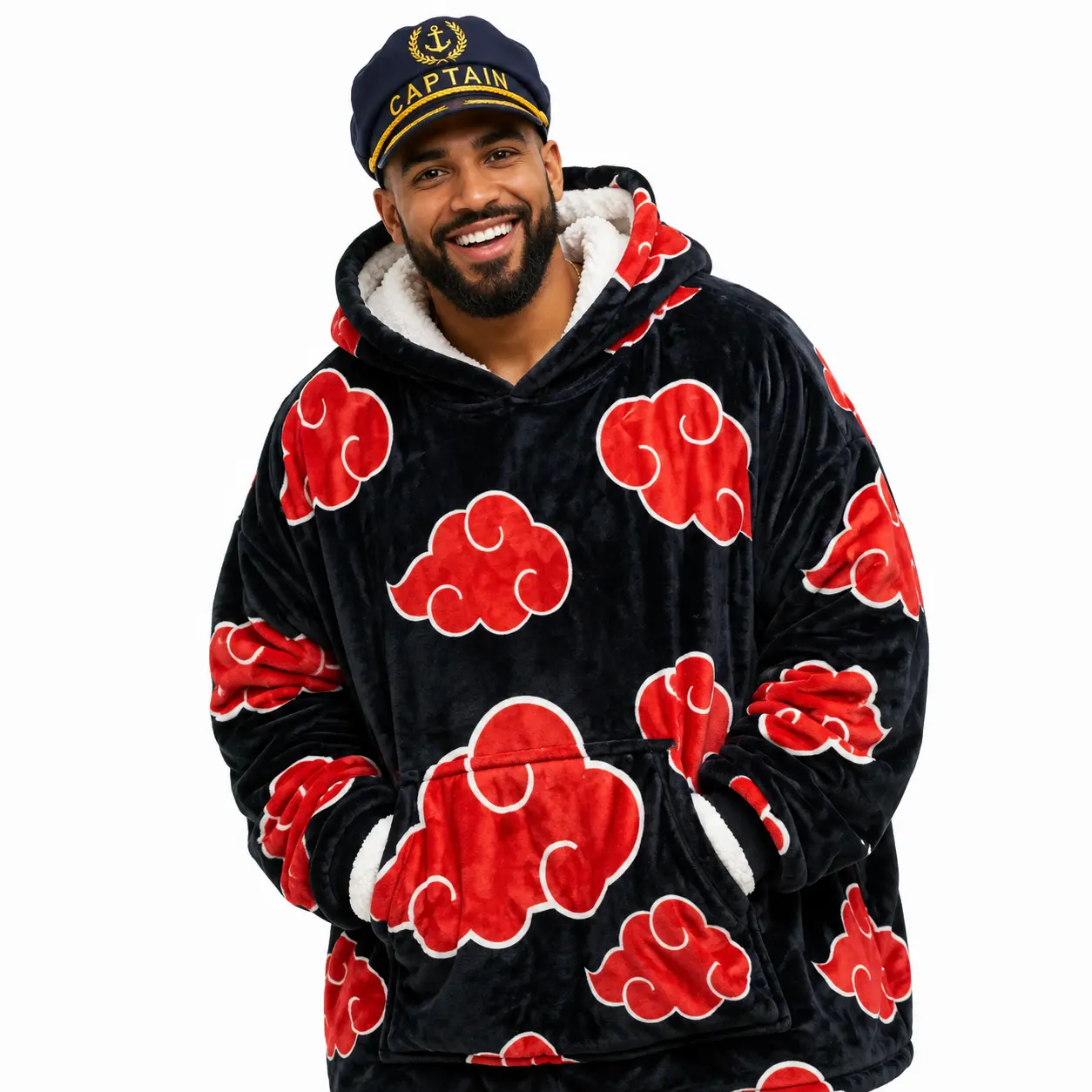 Oversized Anime Red Cloud Pattern Blanket Hoodie - Soft Sherpa Fleece Lined Pullover, Longsleeves Tops, Sweatshirts with Large Pocket, Lightweight for Adults, Otaku Style, Pullover Hoodie, Akatsuki Cloud Graphic Women's Hoodies
