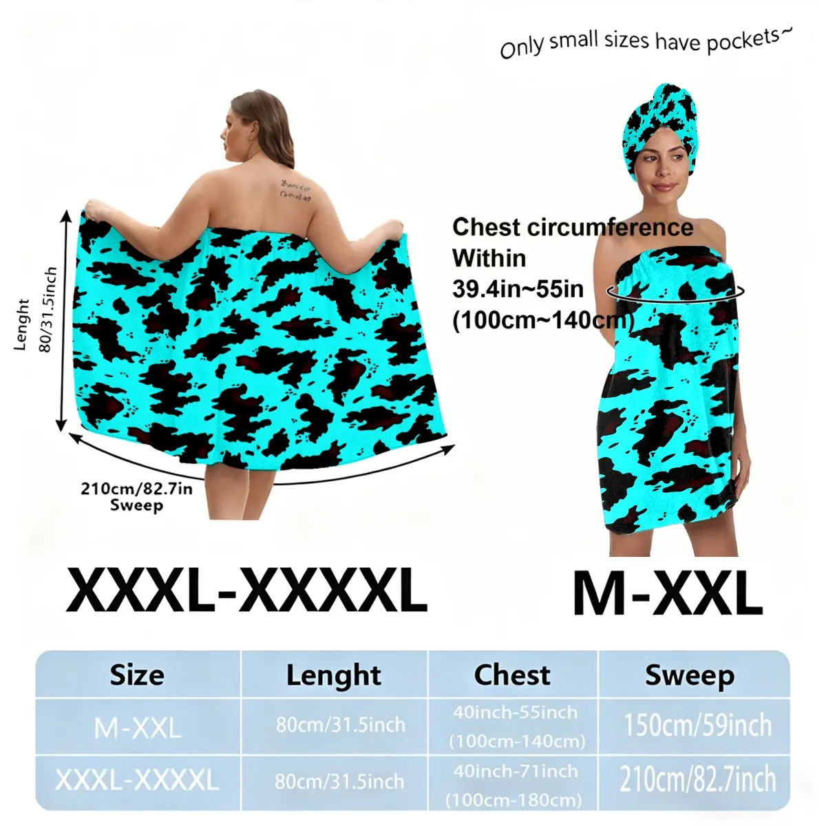 Sizes M-XXXXL, plus size, lake blue with ink-splatter pattern. Suitable for women, as an absorbent hair wrap after bathing, spa, and pool use, Bathing Coverup, Summer Coverup. A must-have for home and travel.