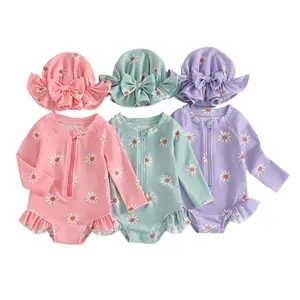 Baby Girl Long Sleeve Swimsuit Floral Print Zipped Rash Guard Bikini Set with Hat Summer Swimwear Bathing Suit