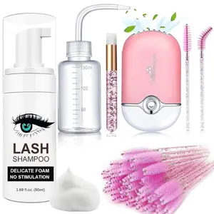 Easter Gift  Lash Shampoo for Extensions 50ml Eyelash Foam Cleanser with 50 Brushes Rinse Bottle & Mini Fan Oil & Sulfate