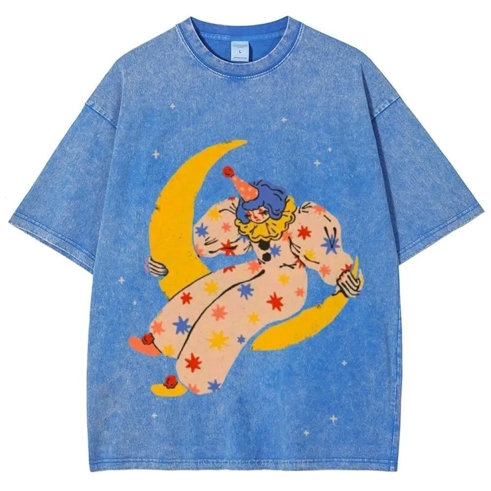 Vintage Moon Clown Graphic Tee | Retro Space Art Washed Unisex T-Shirt | Cosmic Aesthetic Shirt