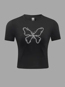 Women’s Butterfly Print Baby Tee | Round Neck Crop Sports T-Shirt | Sporty Short Sleeve Summer Top