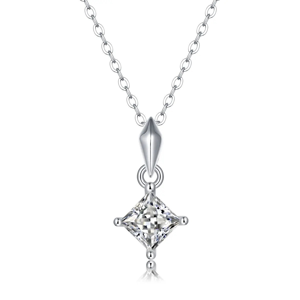Women's S925 Sterling Silver Princess-Cut Moissanite Pendant Necklace, 4-Prong Solitaire Setting, D Color VVS Quality Gemstone, Geometric Sculpted Bail, Female Wear for Special Events Gift