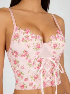 Women's Lace-Up Halter Top, Spaghetti Strap, Cute Floral Embroidery Mesh, Soft Fabric, Back Lace Patchwork, Annual Must-Have Tight-Fitting Fitted Cami Vest