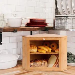 HOMEKOKO Double Layer Bamboo Corner Bread Box for Kitchen Counter, Wooden Large Capacity Bamboo Bread Food Storage Bin