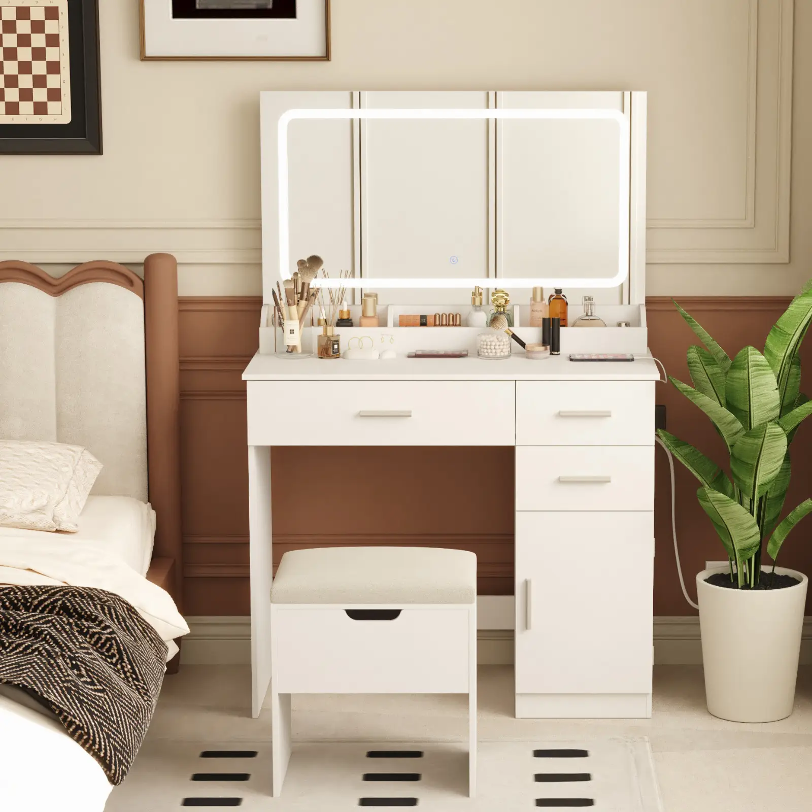 Lifewit Vanity Desk with Mirror, LED Light Strip, Dressing Table with Large Drawer, 3-Level Storage, 3 Brightness, Bedroom Makeup Vanity Set