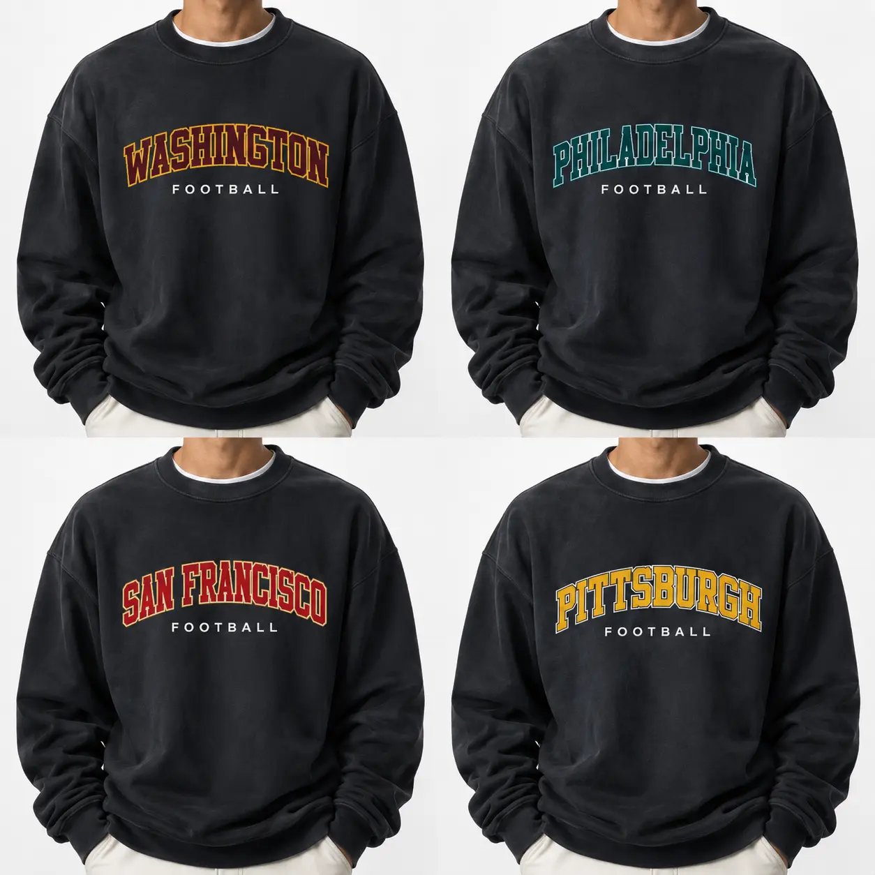 Women's Vintage Black Cotton Football Team Printed Sweatshirt - Long Sleeve, Round Neck Casual Top with Classic Design, Comfortable Fit for Fans