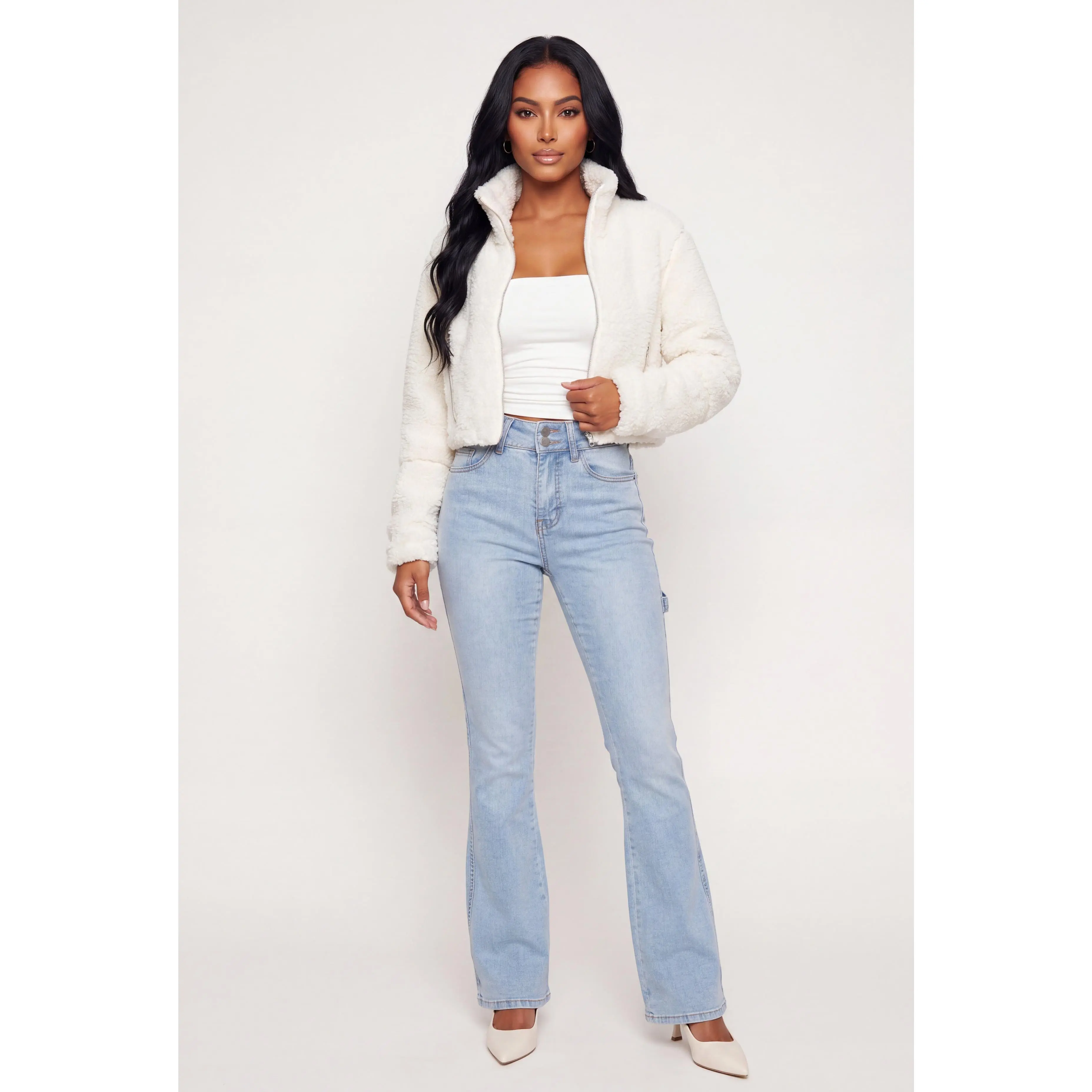 Faux Leather Detail Zip Front Sherpa Jacket