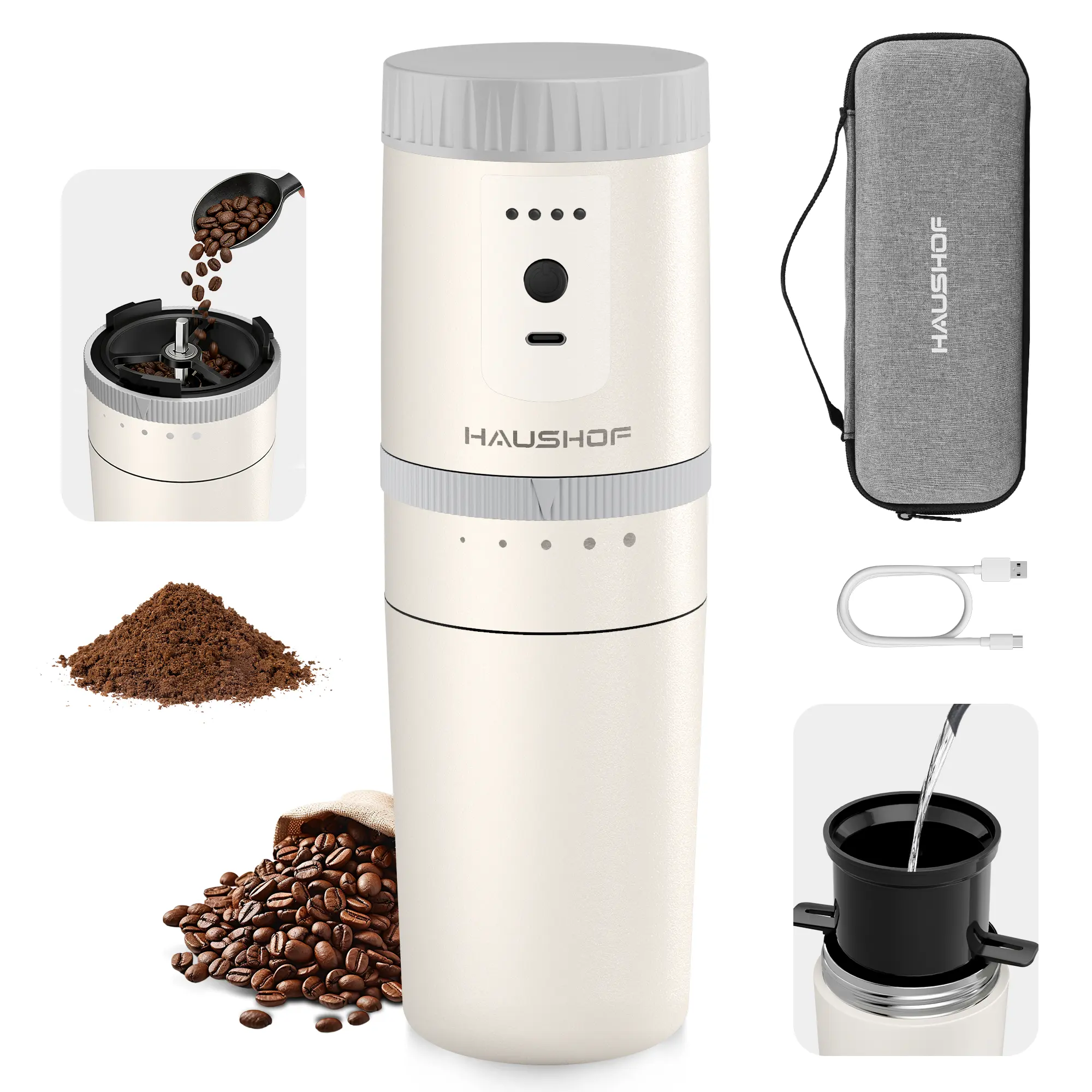 #summersale HAUSHOF Portable Coffee Grinder, Camping Coffee Makers, Portable Burr Coffee Grinder and Brewing Kit, Rechargeable, Personal Cordless Coffee Maker for Car, Camping, for Home Use