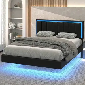 Floating     Lights, Upholstered     Headboard, Solid Wood Slats Support, No Box Spring Needed, White/ Black LED Cloud Bed Frame mirror with Twin Size Gingham Daybed Trundle